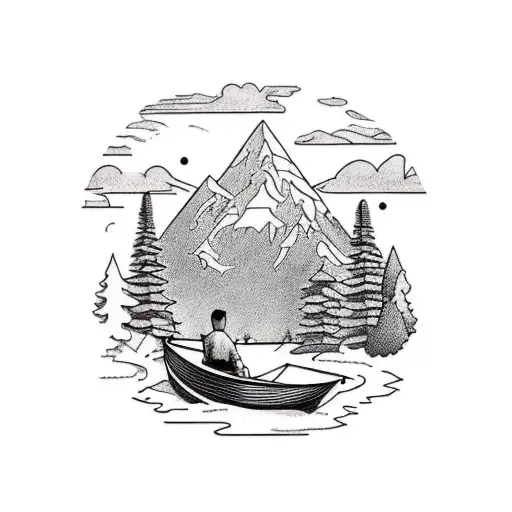 forearm tattoo, forest, mountain in background, waterfall, silohoette 2 guys in a boat fishing tattoo design idea
