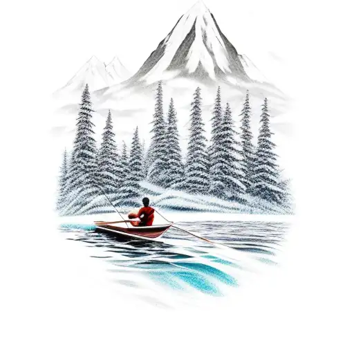forearm tattoo, forest, mountain in background, waterfall, silohoette 2 guys in a boat fishing tattoo design idea