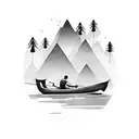 forearm tattoo, forest, mountain in background, waterfall, silohoette 2 guys in a boat fishing tattoo design idea