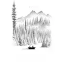 forearm tattoo, forest, mountain in background, waterfall, silohoette 2 guys in a boat fishing tattoo design idea