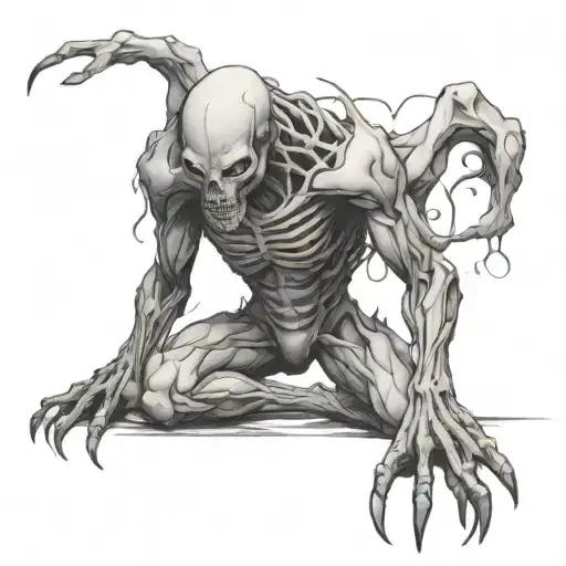 creepy humanoid creature full body  tattoo design idea