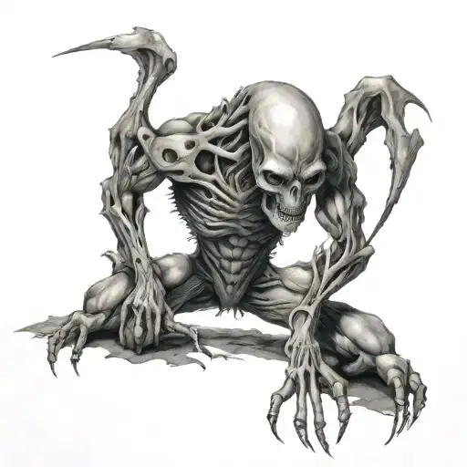 creepy humanoid creature full body  tattoo design idea