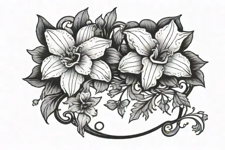 violet and narcisuss tattoo curved shape bending tattoo design idea