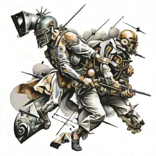 An abstract representation of war and fight incorporating elements of Dali and Picasso's styles tattoo design idea