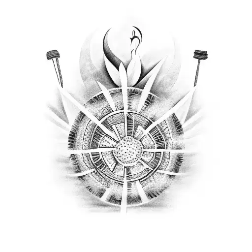 A black and grey tattoo of a drummer surrounded by Polynesian tattoo patterns, symbolizing resilience and self-growth. tattoo design idea