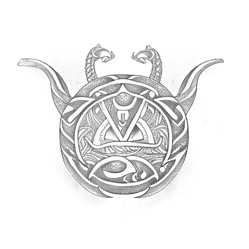 A Polynesian-inspired ouroboros symbol with a musical bass symbol incorporated into the design. tattoo design idea