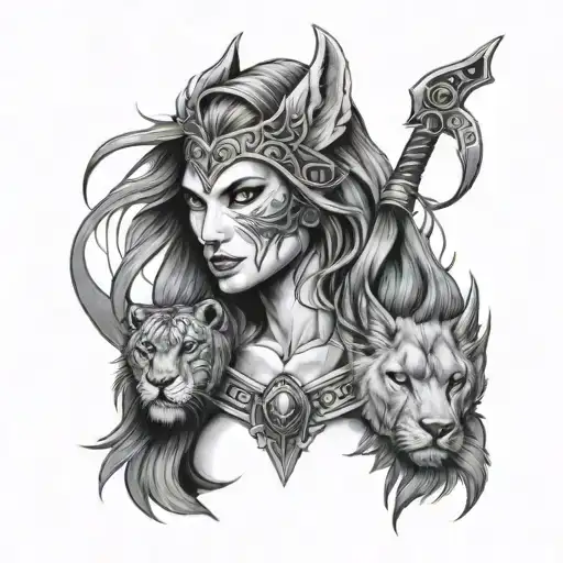 wolf lion woman warrior tattoo design idea