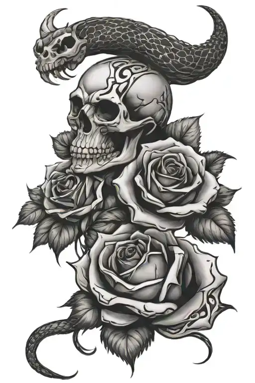 skull biting rose with snake intertwined tattoo design idea