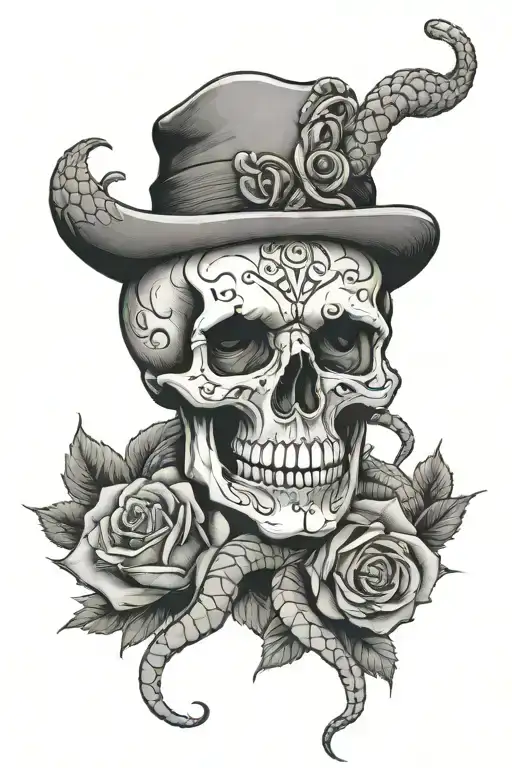 skull with rose in mouth and snake intertwined tattoo design idea