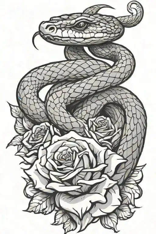 snake coiling up rose intertwined tattoo design idea