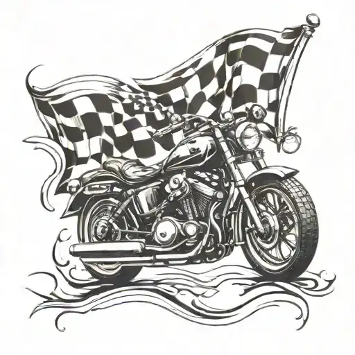 Integrate a checkered flag motif with a motorcycle silhouette to represent victory in racing tattoo design idea
