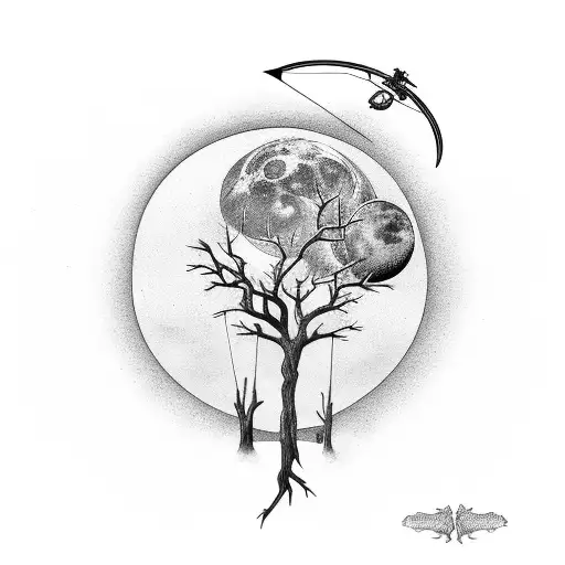 bow and arrow, cypress tree, lunar cycle, deer  tattoo design idea