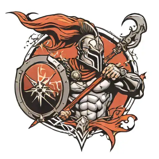 spartan with shield in a thunder storm on shoulder tattoo design idea