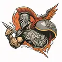 spartan with shield in a thunder storm on shoulder tattoo design idea