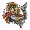 spartan with shield in a thunder storm on shoulder tattoo design idea