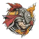 spartan with shield in a thunder storm on shoulder tattoo design idea