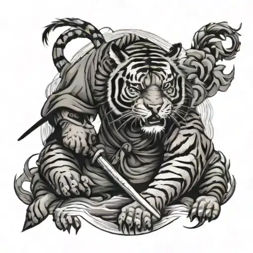 samurai standing against a tiger emerging tattoo design idea