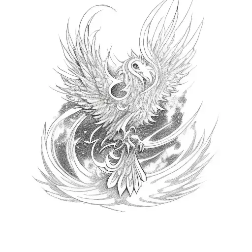 A mystical red phoenix rising from a bed of lavender, symbolizing spirituality and rebirth tattoo design idea