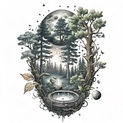 pov in forest with small animals,  looking up at a gaxlaxy with stars planets and rings tattoo design idea