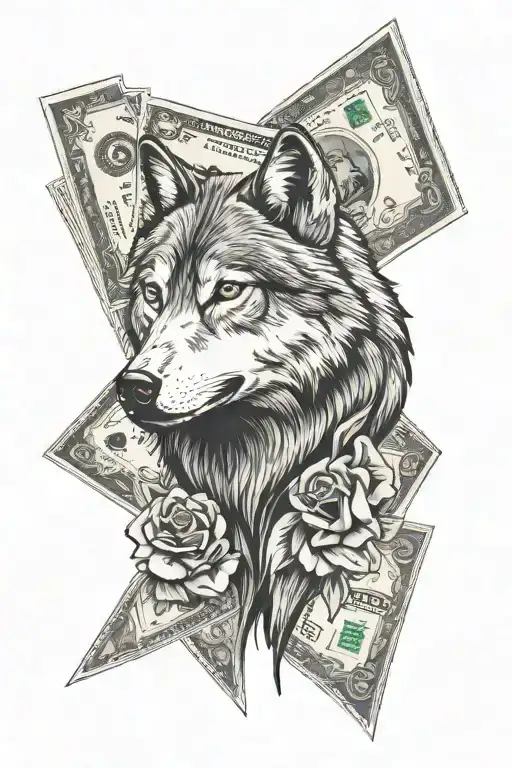 Wolf, money rose, cards tattoo design idea