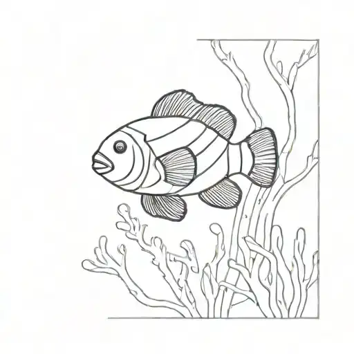 geometric lines, more illustrative with a focus on corals but not too crowded with two small common clownfish  tattoo design idea
