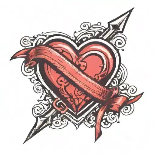 heart with ribbon across middle horizontal and arrow piercing diagonally through heart tattoo design idea
