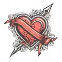 heart with ribbon across middle horizontal and arrow piercing diagonally through heart tattoo design idea