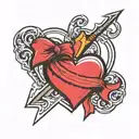 heart with ribbon across middle horizontal and arrow piercing diagonally through heart tattoo design idea