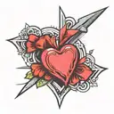 heart with ribbon across middle horizontal and arrow piercing diagonally through heart tattoo design idea