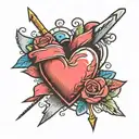 heart with ribbon across middle horizontal and arrow piercing diagonally through heart tattoo design idea