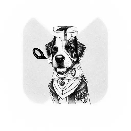 A blackwork tattoo of a dog wearing a depilation master's uniform and holding grooming scissors tattoo design idea
