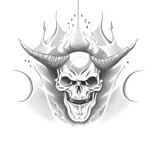 the demon holds a cracked human skull against the background of fire tattoo design idea
