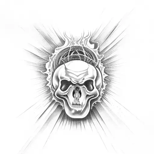 the demon holds a cracked human skull against the background of fire tattoo design idea
