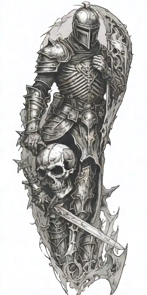 knight with a skull face fading away creating dream like environment  tattoo design idea