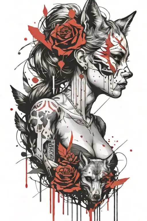 skulled face lady with the wolf, arrow going through heart tattoo design idea