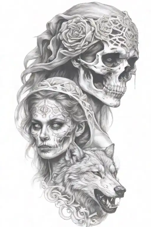 skulled face lady with the wolf tattoo design idea