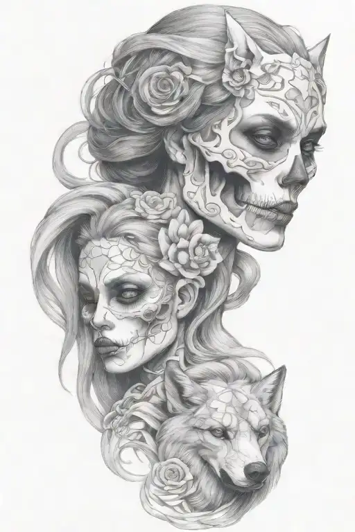 skulled face lady with the wolf tattoo design idea