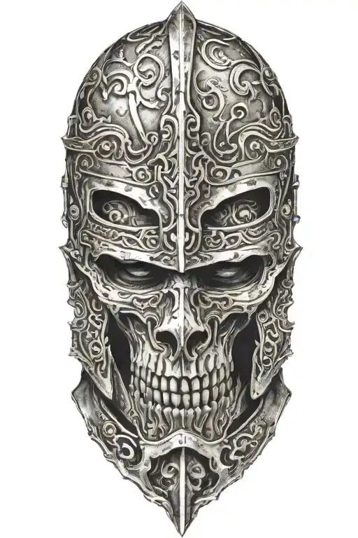 knight with skull face with fading away tattoo design idea