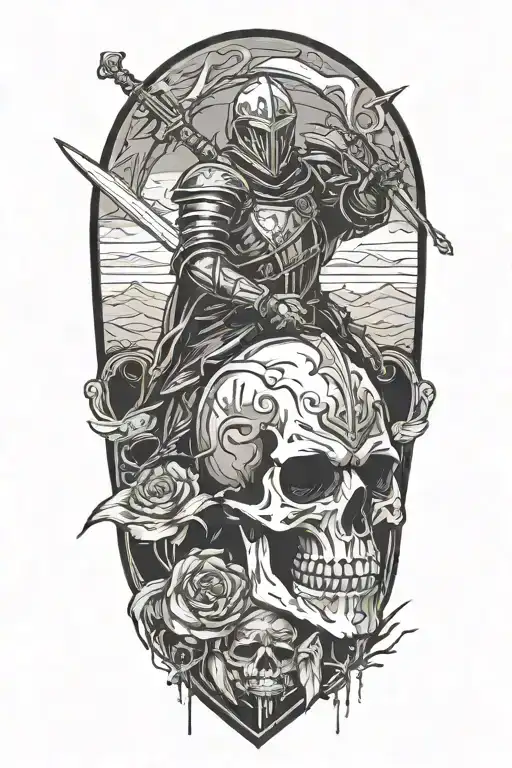knight with a skull face fading away creating dream like environment  tattoo design idea