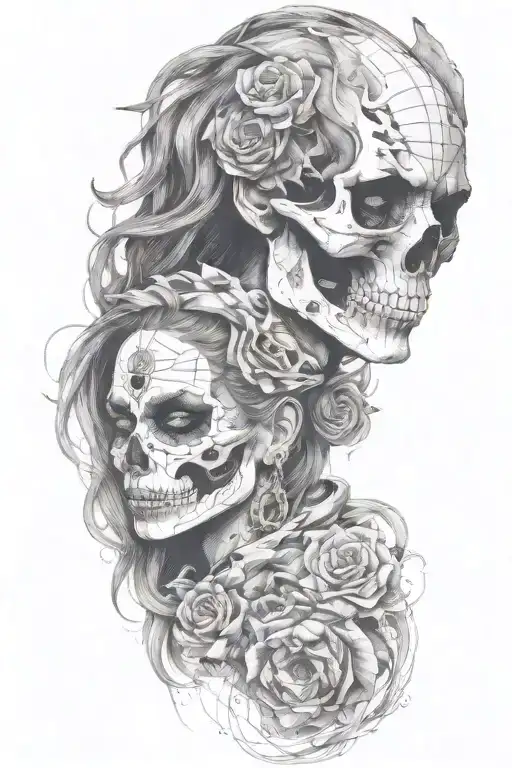 skulled face lady with the wolf tattoo design idea