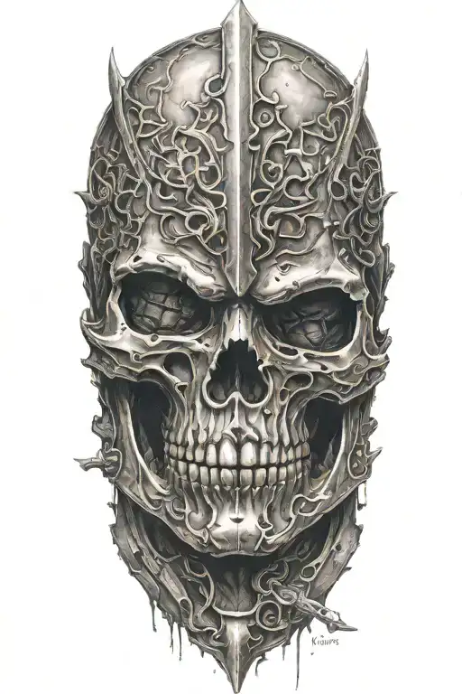 knight with a skull face fading away creating dream like environment  tattoo design idea