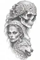 skulled face lady with the wolf tattoo design idea