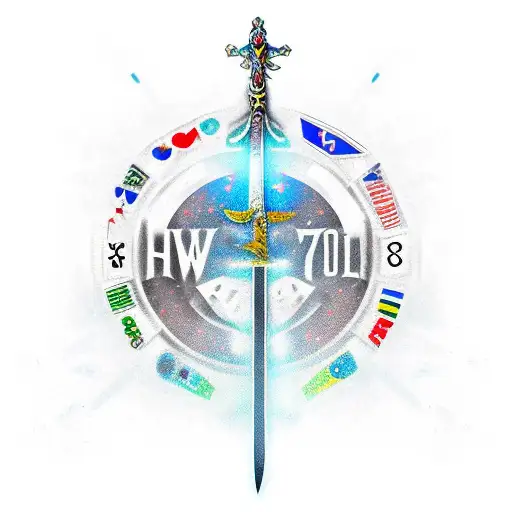 long sword with the words "Grotowice" going down with a halo at the hilt of the sword and incorporate the number 7  tattoo design idea