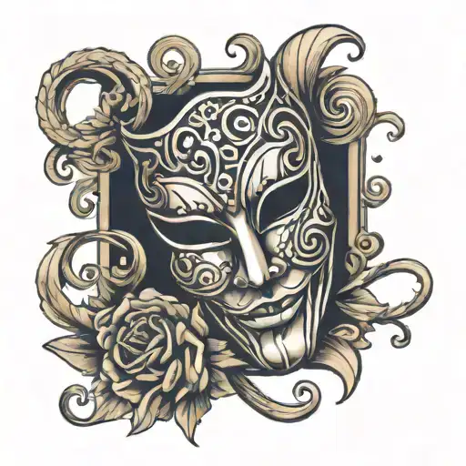 A tattoo design of a theatre mask with musical notes as the background, symbolizing the client's connection to theatre and music tattoo design idea