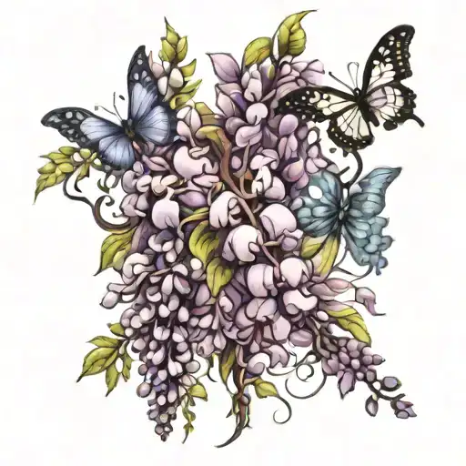 wisteria flowers and butterflies tattoo design idea