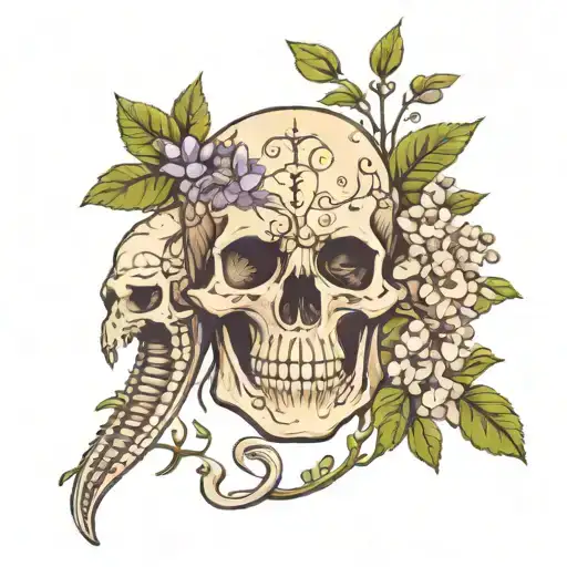 wisteria flowers and skull and white snake tattoo design idea