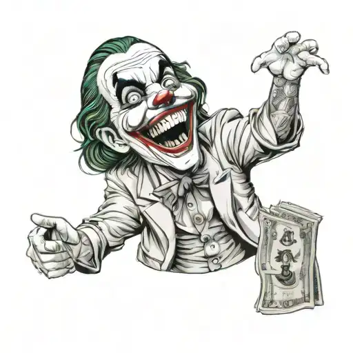 joker laughing with money bills and hands saying a forearm prayer tattoo design idea