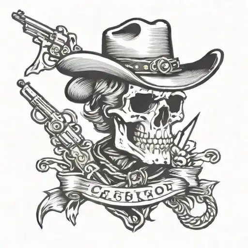 skull cowboy with horns and pistols crossing each other tattoo design idea