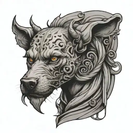 A bold and striking tattoo design influenced by the client's favorite rap artist Canserbero, incorporating elements of Greek mythology like Cerberus and Charon in a black and grey style tattoo design idea
