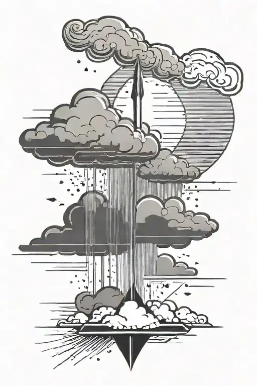 Arrow going through a cloud with a sun behind the cloud, and rain coming down from the cloud  tattoo design idea